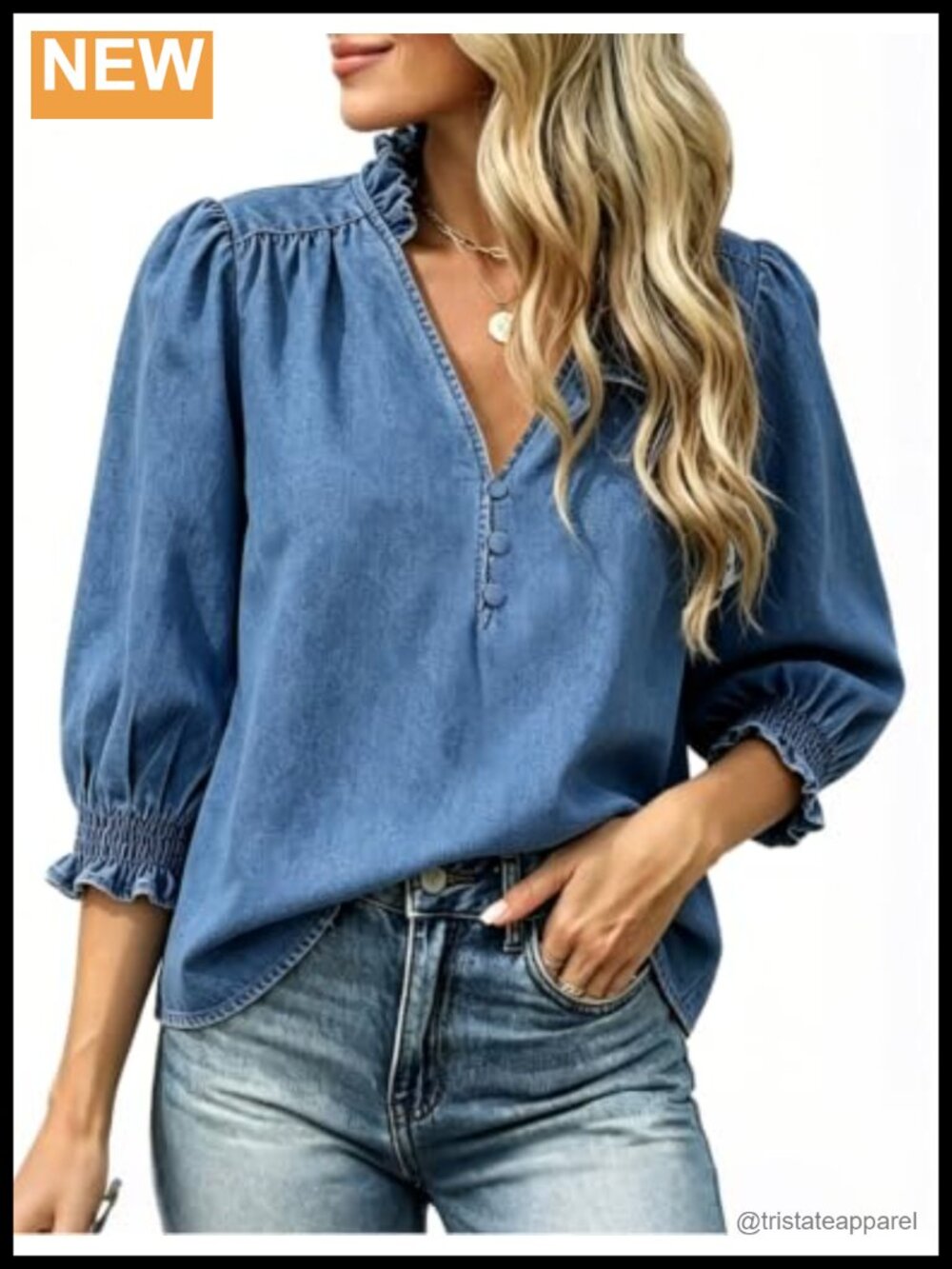 Women's Chambray Button Down Shirt V-Neck 3/4 Sleeve Smocked Cuffs
